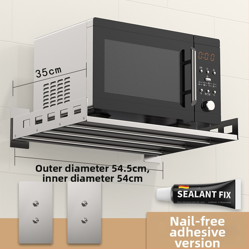 Mu Jue MJ-6899 Nerezová oceľová stenu montovaný kuchynský úložný stojan pre mikrovlnnú rúru, rúru a hrniec na ryžu