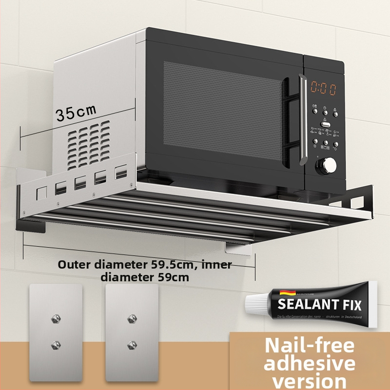 Mu Jue MJ-6899 Nerezová oceľová stenu montovaný kuchynský úložný stojan pre mikrovlnnú rúru, rúru a hrniec na ryžu