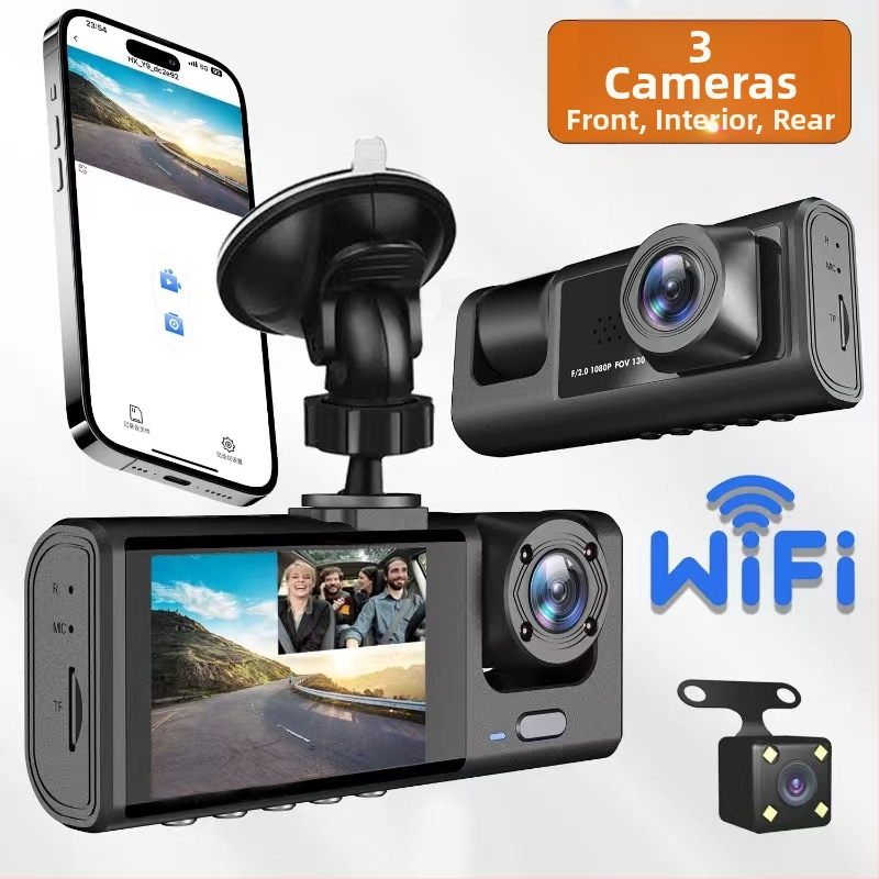 C309 trostruka dash cam s Wi-Fi i mobilnom povezanošću, 1080p, 120° kut, prednje/unutarnje/stražnje kružno snimanje, 16GB memorije