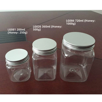 Medová fľaša LG081, PET štvorcová priehľadná plastová fľaša s hliníkovým viečkom; balenie: Can; materiál: PET; účel: všeobecné balenie