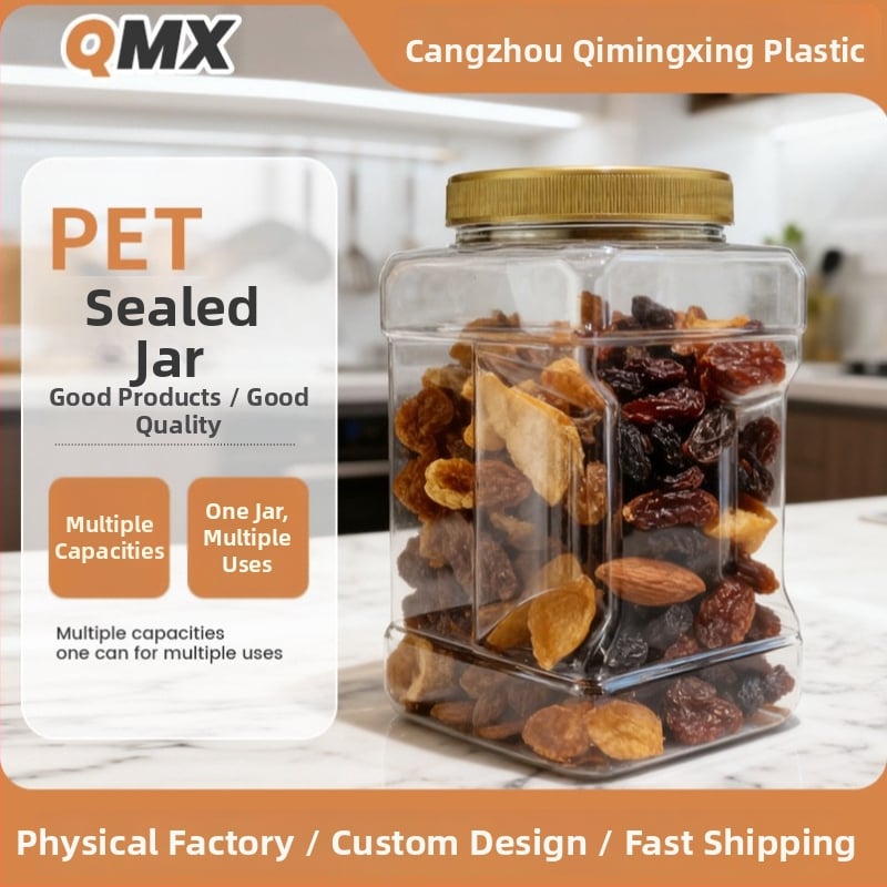 Kvadratni PET spremnik za pohranu užine, slatkiša i orašastih plodova | Moguć personalizirani tisak logotipa