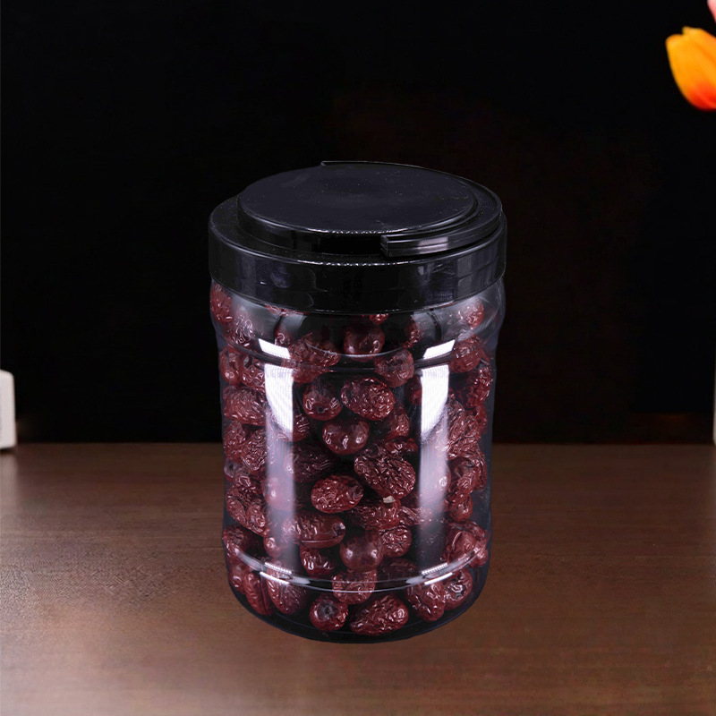 PET posuda s širokim otvorom, prehrambeno-kvalitetna plastika, s poklopcem i držačem, 1700 ml, za orašaste plodove i žitarice