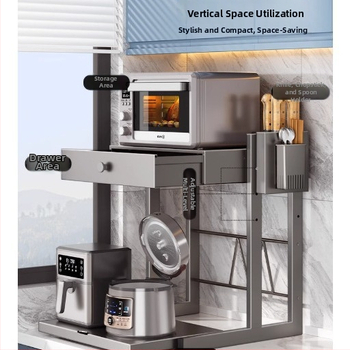 Zásuvkový stojan na mikrovlnnú rúru, dvojposchodový, výsuvný, z karbónovej ocele, model 8040, moderný minimalistický štýl