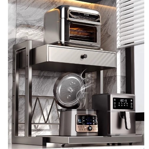 Zásuvkový stojan na mikrovlnnú rúru, dvojposchodový, výsuvný, z karbónovej ocele, model 8040, moderný minimalistický štýl