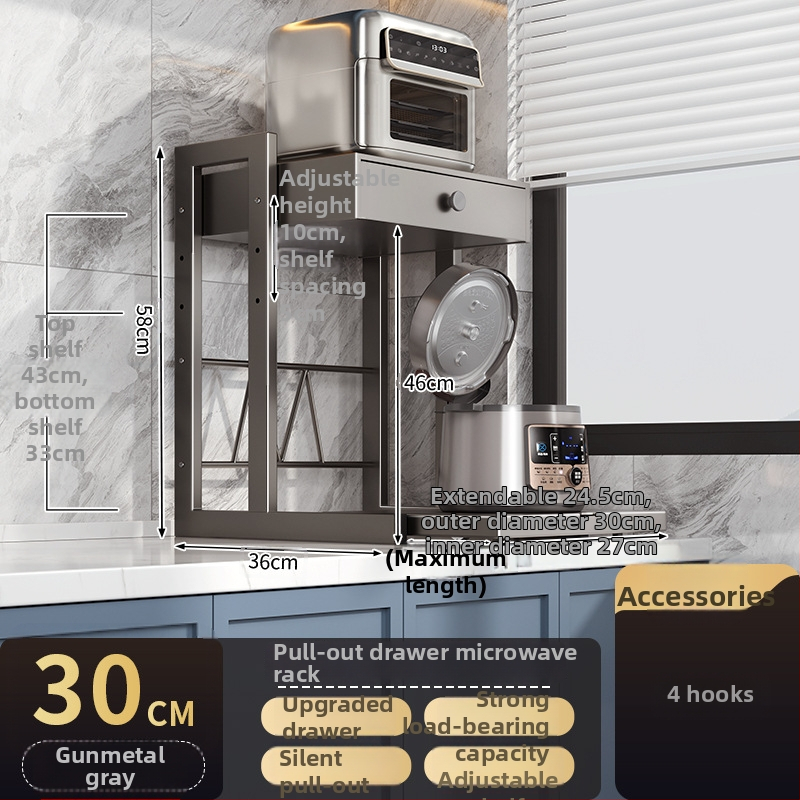 Zásuvkový stojan na mikrovlnnú rúru, dvojposchodový, výsuvný, z karbónovej ocele, model 8040, moderný minimalistický štýl