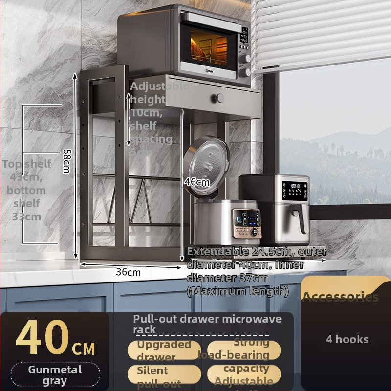 Zásuvkový stojan na mikrovlnnú rúru, dvojposchodový, výsuvný, z karbónovej ocele, model 8040, moderný minimalistický štýl