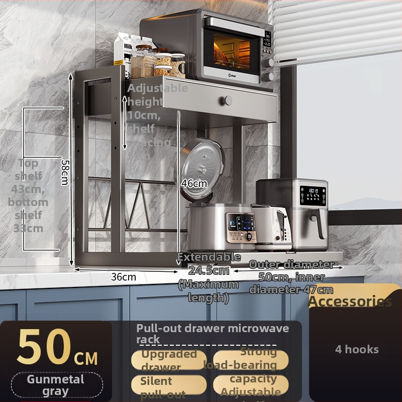 Zásuvkový stojan na mikrovlnnú rúru, dvojposchodový, výsuvný, z karbónovej ocele, model 8040, moderný minimalistický štýl