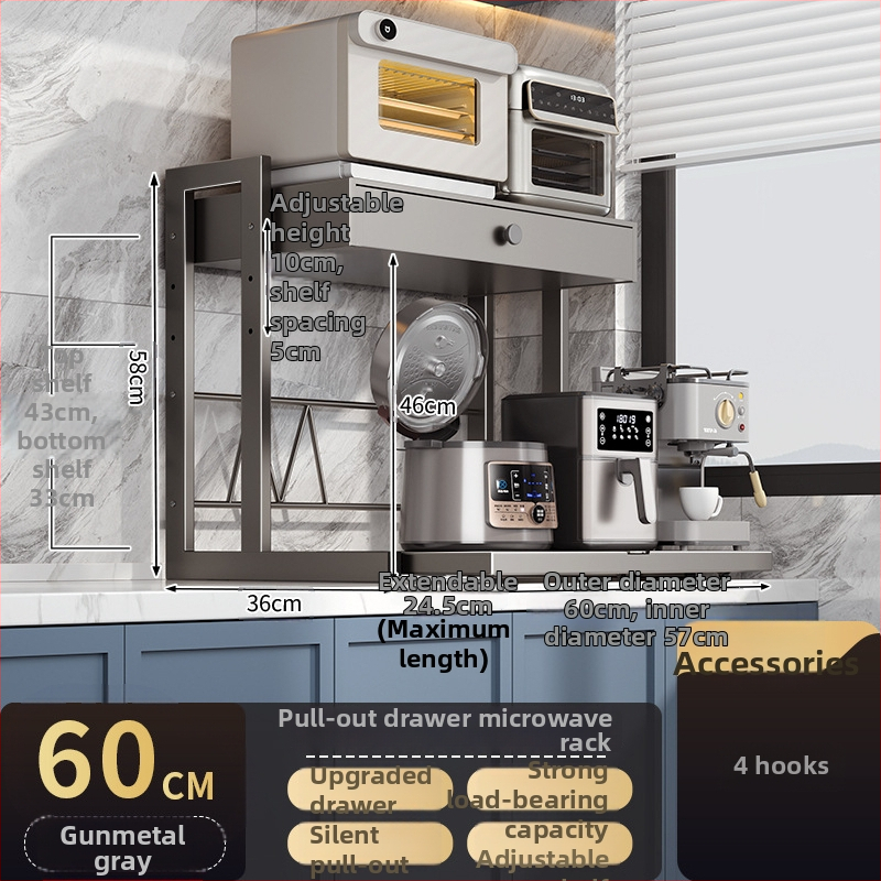 Zásuvkový stojan na mikrovlnnú rúru, dvojposchodový, výsuvný, z karbónovej ocele, model 8040, moderný minimalistický štýl