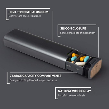 Kutija za lijekove J3, anodizirano aluminij, prijenosna s pregradom i poklopcem, kapacitet 0,005 L, dimenzije 16,5×5 cm