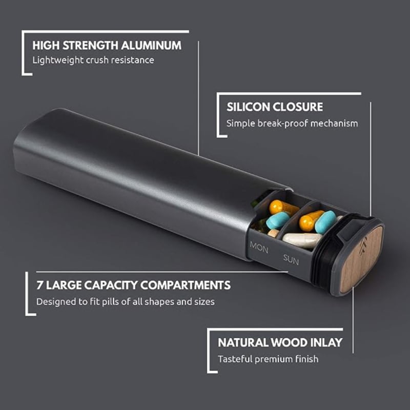 Kutija za lijekove J3, anodizirano aluminij, prijenosna s pregradom i poklopcem, kapacitet 0,005 L, dimenzije 16,5×5 cm