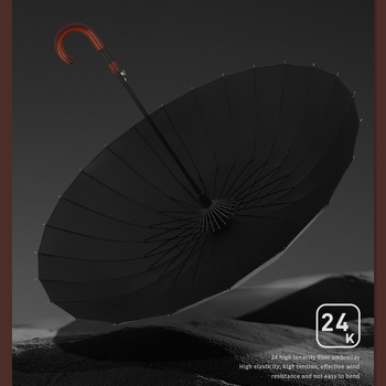 Dugi kišobran za muškarce s zakrivljenom drvenom drškom – ojačana konstrukcija, 24 rebara, poluotvaranje, tkanina 190T