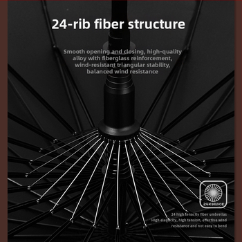 Dugi kišobran za muškarce s zakrivljenom drvenom drškom – ojačana konstrukcija, 24 rebara, poluotvaranje, tkanina 190T