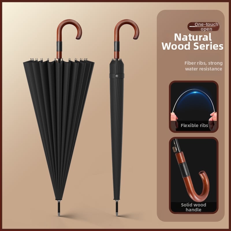 Dugi kišobran za muškarce s zakrivljenom drvenom drškom – ojačana konstrukcija, 24 rebara, poluotvaranje, tkanina 190T