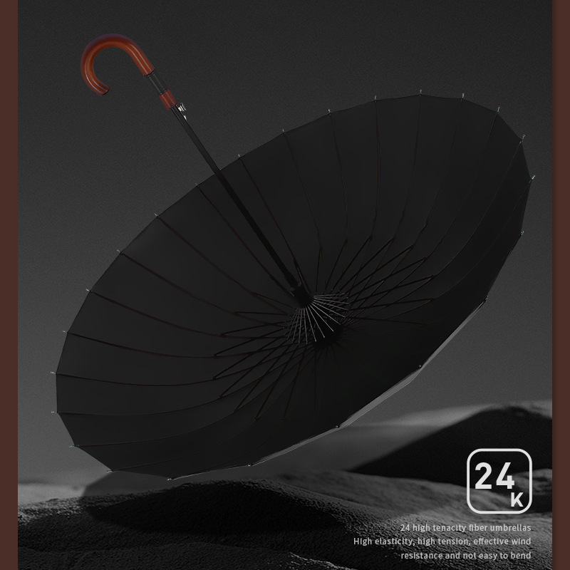 Dugi kišobran za muškarce s zakrivljenom drvenom drškom – ojačana konstrukcija, 24 rebara, poluotvaranje, tkanina 190T