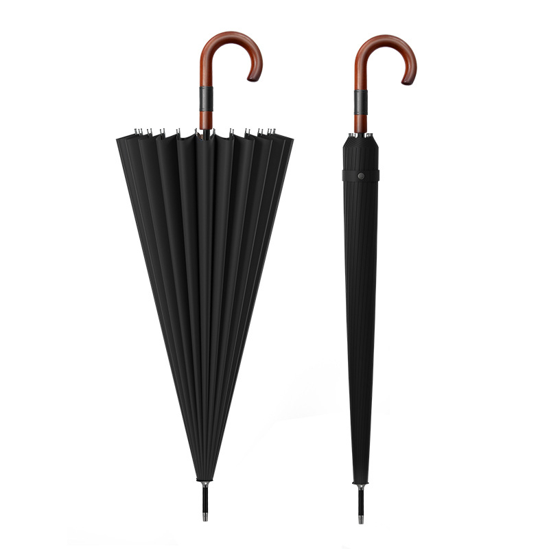 Dugi kišobran za muškarce s zakrivljenom drvenom drškom – ojačana konstrukcija, 24 rebara, poluotvaranje, tkanina 190T
