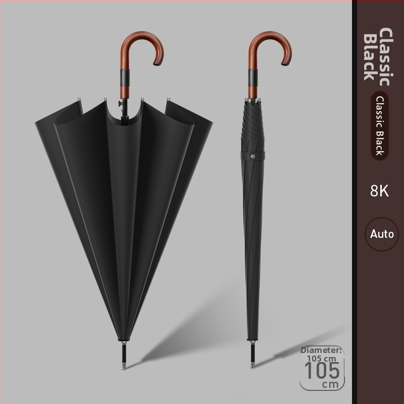 Dugi kišobran za muškarce s zakrivljenom drvenom drškom – ojačana konstrukcija, 24 rebara, poluotvaranje, tkanina 190T