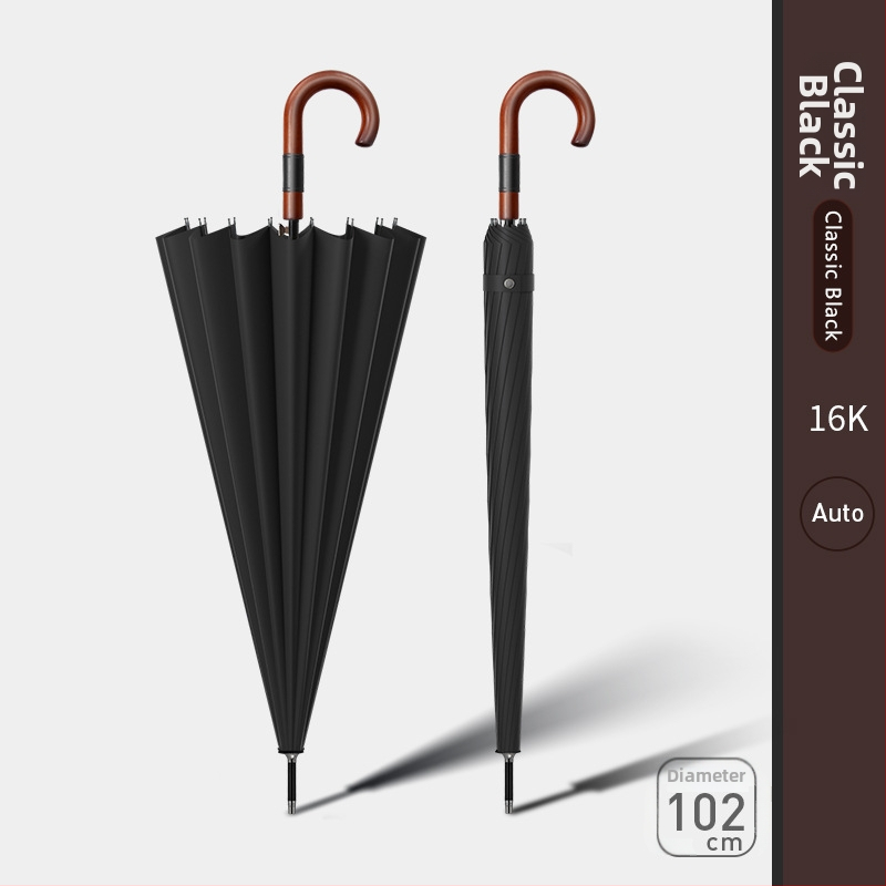 Dugi kišobran za muškarce s zakrivljenom drvenom drškom – ojačana konstrukcija, 24 rebara, poluotvaranje, tkanina 190T