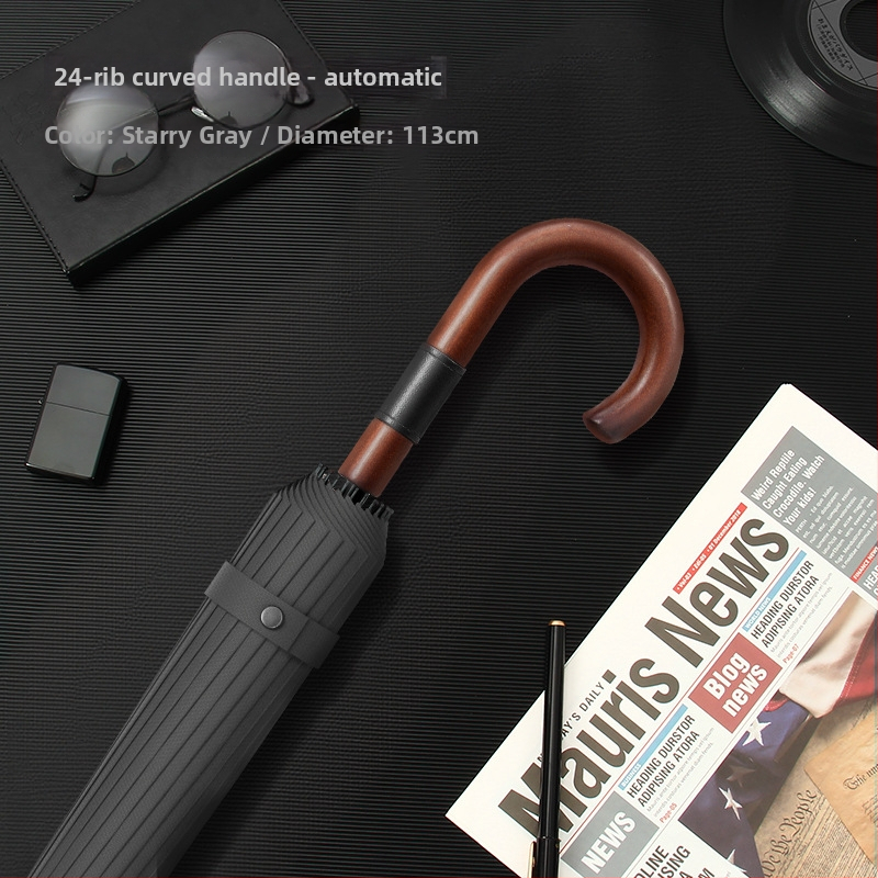 Dugi kišobran za muškarce s zakrivljenom drvenom drškom – ojačana konstrukcija, 24 rebara, poluotvaranje, tkanina 190T