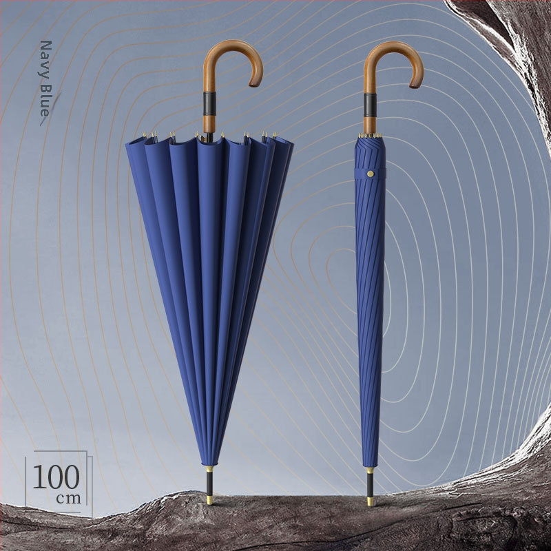 Dugi kišobran za muškarce s zakrivljenom drvenom drškom – ojačana konstrukcija, 24 rebara, poluotvaranje, tkanina 190T