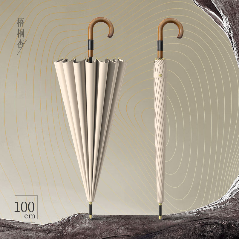 Dugi kišobran za muškarce s zakrivljenom drvenom drškom – ojačana konstrukcija, 24 rebara, poluotvaranje, tkanina 190T