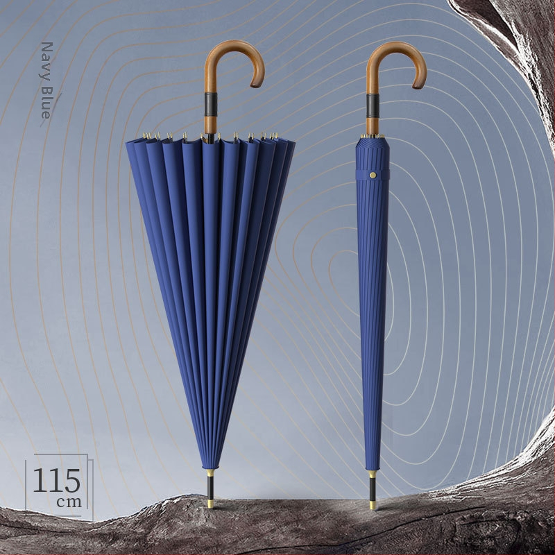 Dugi kišobran za muškarce s zakrivljenom drvenom drškom – ojačana konstrukcija, 24 rebara, poluotvaranje, tkanina 190T