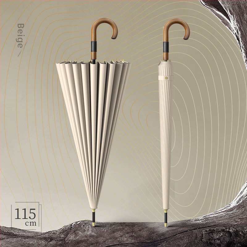 Dugi kišobran za muškarce s zakrivljenom drvenom drškom – ojačana konstrukcija, 24 rebara, poluotvaranje, tkanina 190T