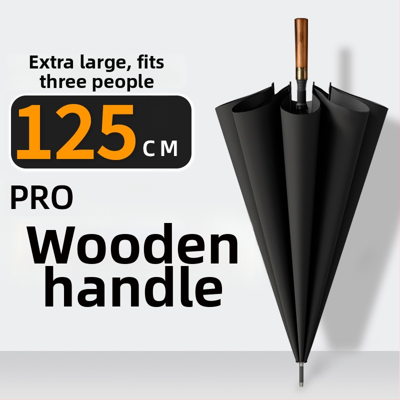 Dugi kišobran za muškarce s zakrivljenom drvenom drškom – ojačana konstrukcija, 24 rebara, poluotvaranje, tkanina 190T