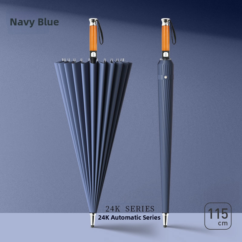 Dugi kišobran za muškarce s zakrivljenom drvenom drškom – ojačana konstrukcija, 24 rebara, poluotvaranje, tkanina 190T