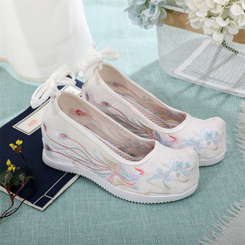 Ženske Hanfu cipele s skrivenim povećanjem visine, izvezeni, klinasti potpetica, oštri vrh, slip-on