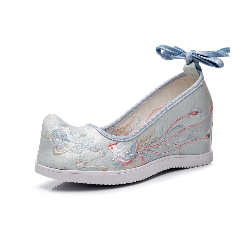 Ženske Hanfu cipele s skrivenim povećanjem visine, izvezeni, klinasti potpetica, oštri vrh, slip-on