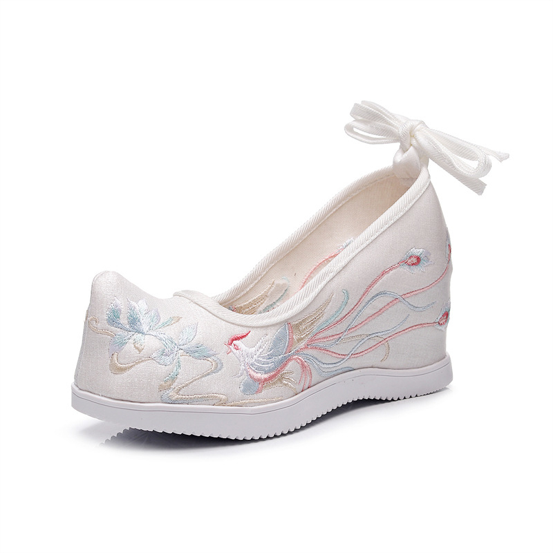 Ženske Hanfu cipele s skrivenim povećanjem visine, izvezeni, klinasti potpetica, oštri vrh, slip-on