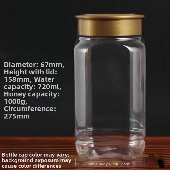 Bočica za med, PET plastika, kapacitet 1000 g, s poklopcem, naljepnica označivanje, logo otisnut