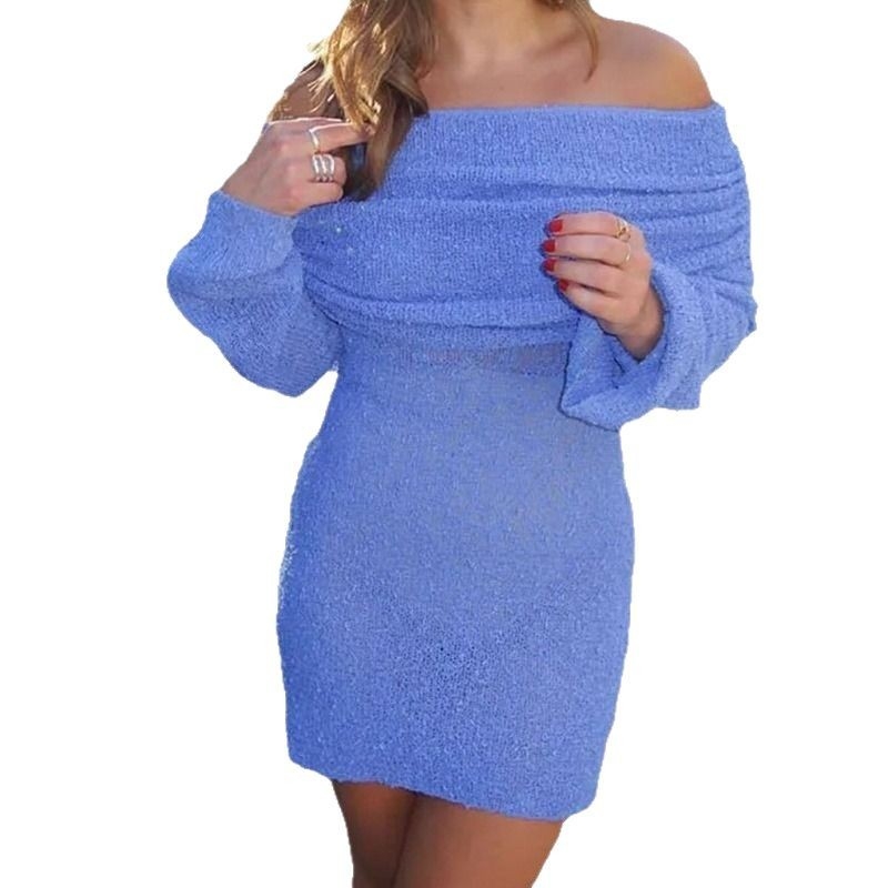 Pletena midi haljina s prorezima, nepravilan kroj suknje, dugi zvonasti rukavi, ovratnik s jednostavnim krojem; smjesa poliester-elastan