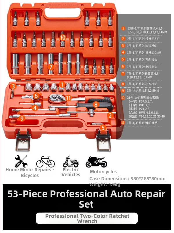 Hoyo 53-dijelni set alata za auto popravak od krom-vanadijske čelika – ráčnički šesterokutni ključevi za kućne i strojne popravke