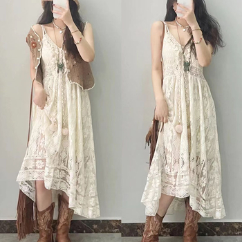 Čipkasta haljina s nepravilnim rubom, bez rukava, visok struk, naramenice, vintage retro stil