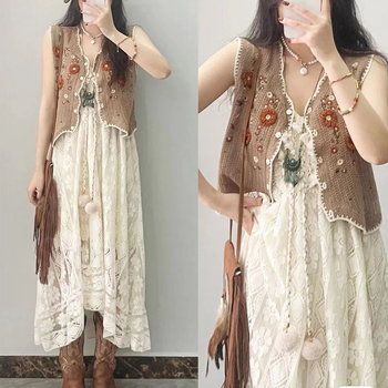 Čipkasta haljina s nepravilnim rubom, bez rukava, visok struk, naramenice, vintage retro stil