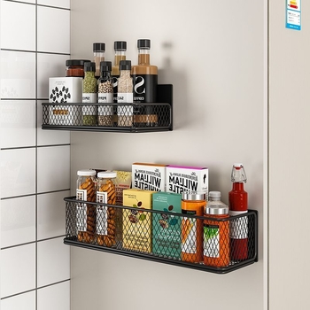 Mágneses konyhai tárolóállvány | Többcélú, egyemeletes, szénacélból, falra szívó rögzítés, Fúrás nélkül