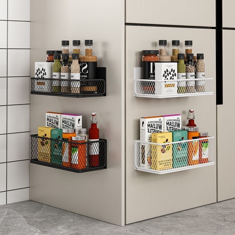 Mágneses konyhai tárolóállvány | Többcélú, egyemeletes, szénacélból, falra szívó rögzítés, Fúrás nélkül