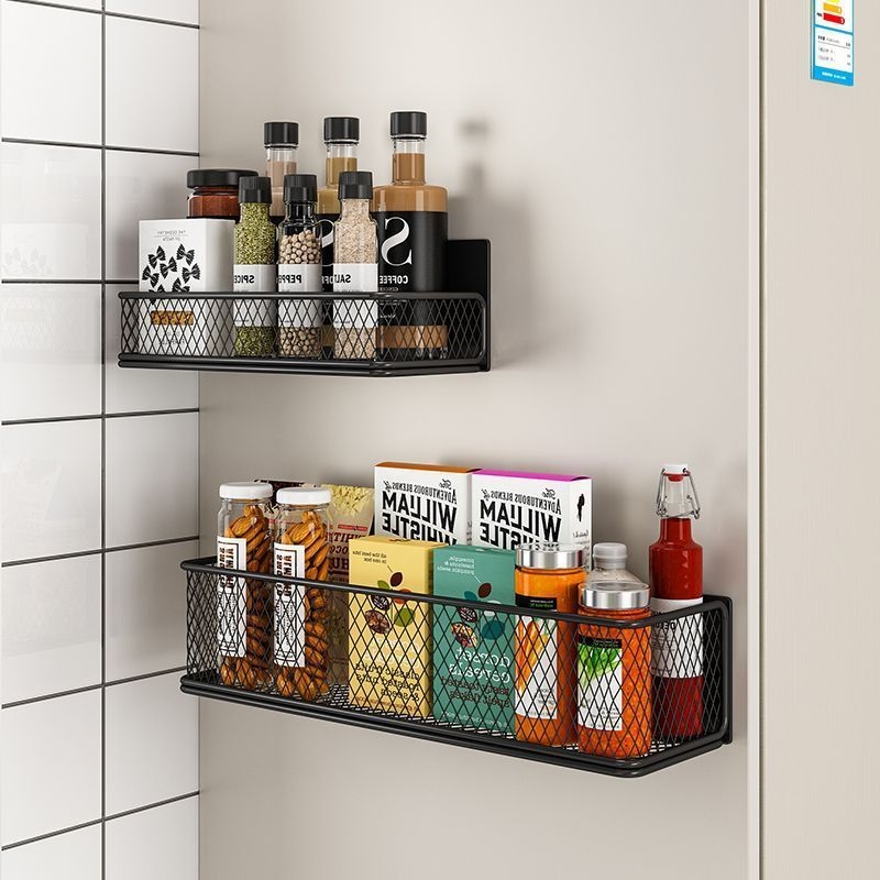 Mágneses konyhai tárolóállvány | Többcélú, egyemeletes, szénacélból, falra szívó rögzítés, Fúrás nélkül