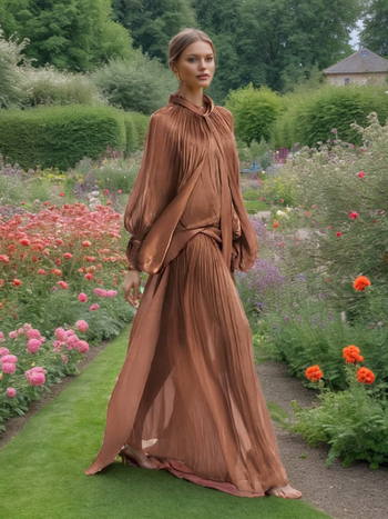 Rochie lungă cu mâneci tip bat, decolteu rotund, talie înaltă, croială A-line, fermoar