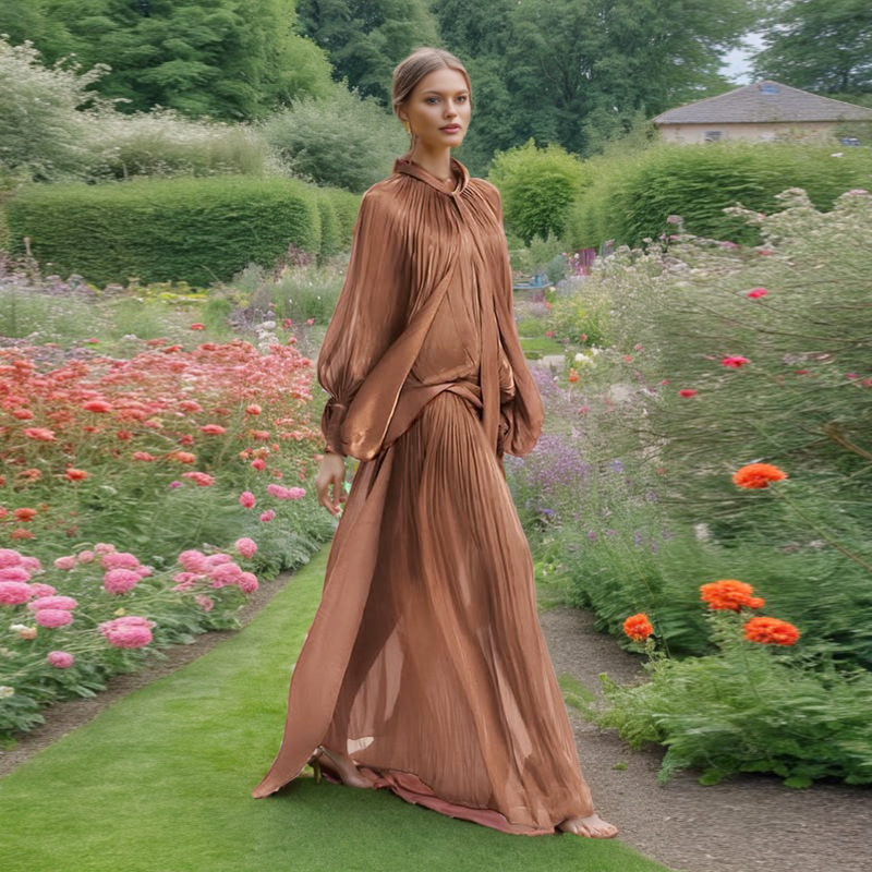 Rochie lungă cu mâneci tip bat, decolteu rotund, talie înaltă, croială A-line, fermoar