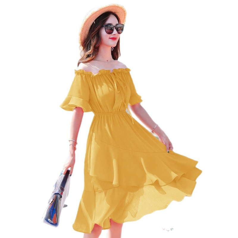 Midi ruha váll nélküli, fodros pántokkal és lotusleveles alakú ujjakkal, elasztikus derékrész, TR anyag.