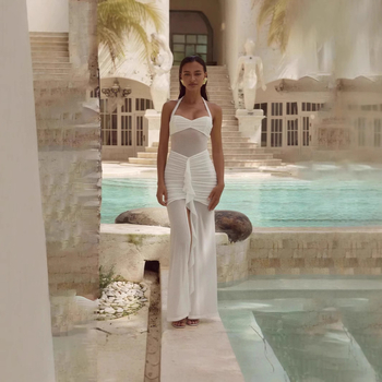 Rochie maxi cu decolteu halter, fără mâneci, detalii de tip splicing, poliester, model uni, talie înaltă