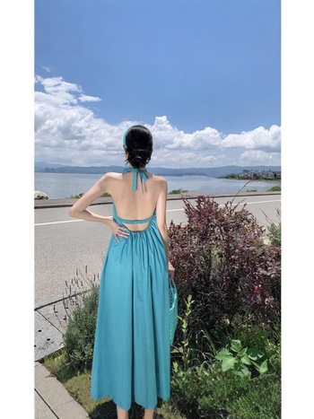 Rochie lungă fără mâneci, cu halterneck, talie liberă, din poliester