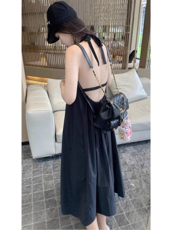 Rochie lungă fără mâneci, cu halterneck, talie liberă, din poliester