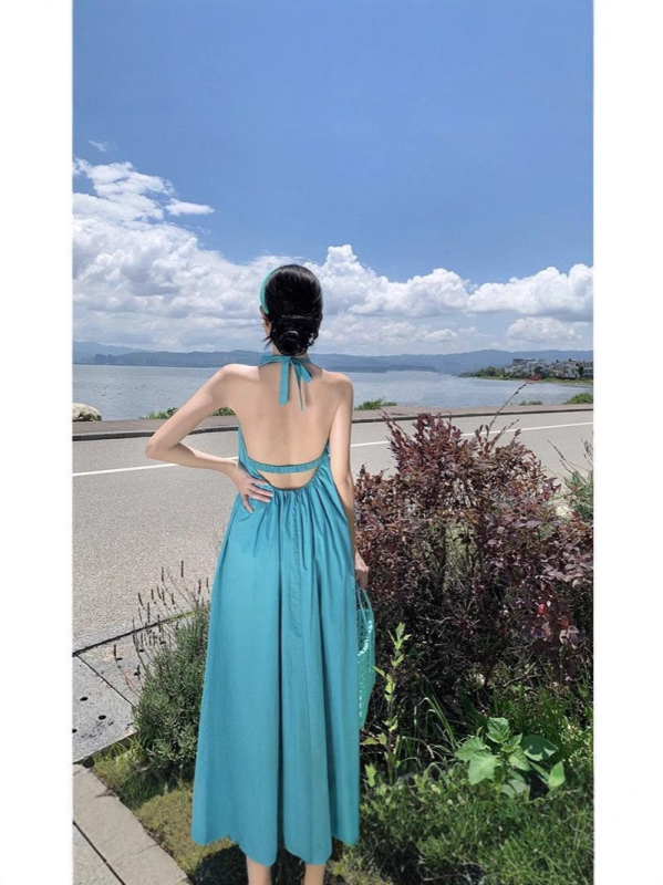 Rochie lungă fără mâneci, cu halterneck, talie liberă, din poliester