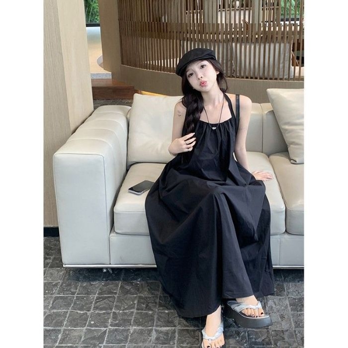 Rochie lungă fără mâneci, cu halterneck, talie liberă, din poliester