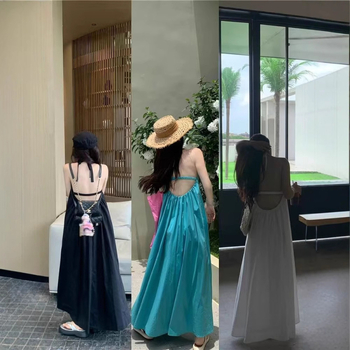 Rochie cu gât halter, fără spate, lungă în croială A, fără mâneci, talie lejeră, vară 2024