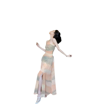 Rochie din șifon fără mâneci, gât halter, slit, lungime midi, talie înaltă, croială A-line, poliester, imprimeu multicolor