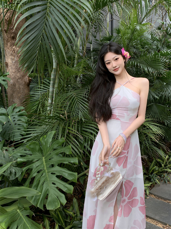 Rochie din șifon fără mâneci, gât halter, slit, lungime midi, talie înaltă, croială A-line, poliester, imprimeu multicolor
